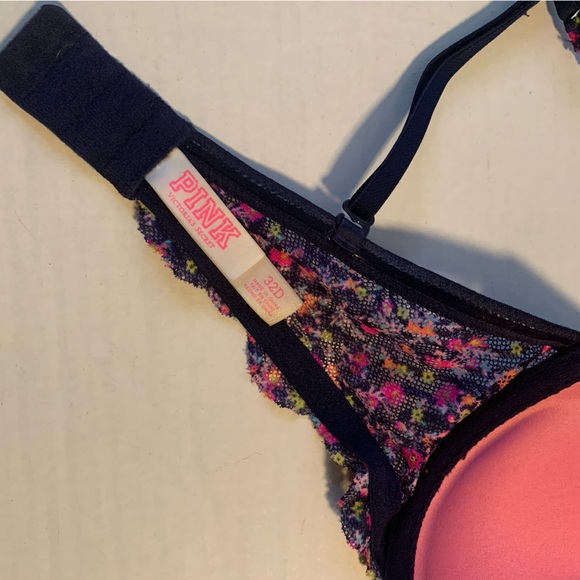 32D PINK Victorias Secret Navy Blue Floral Push Up Strap/Strapless Bra - Picture 4 of 5